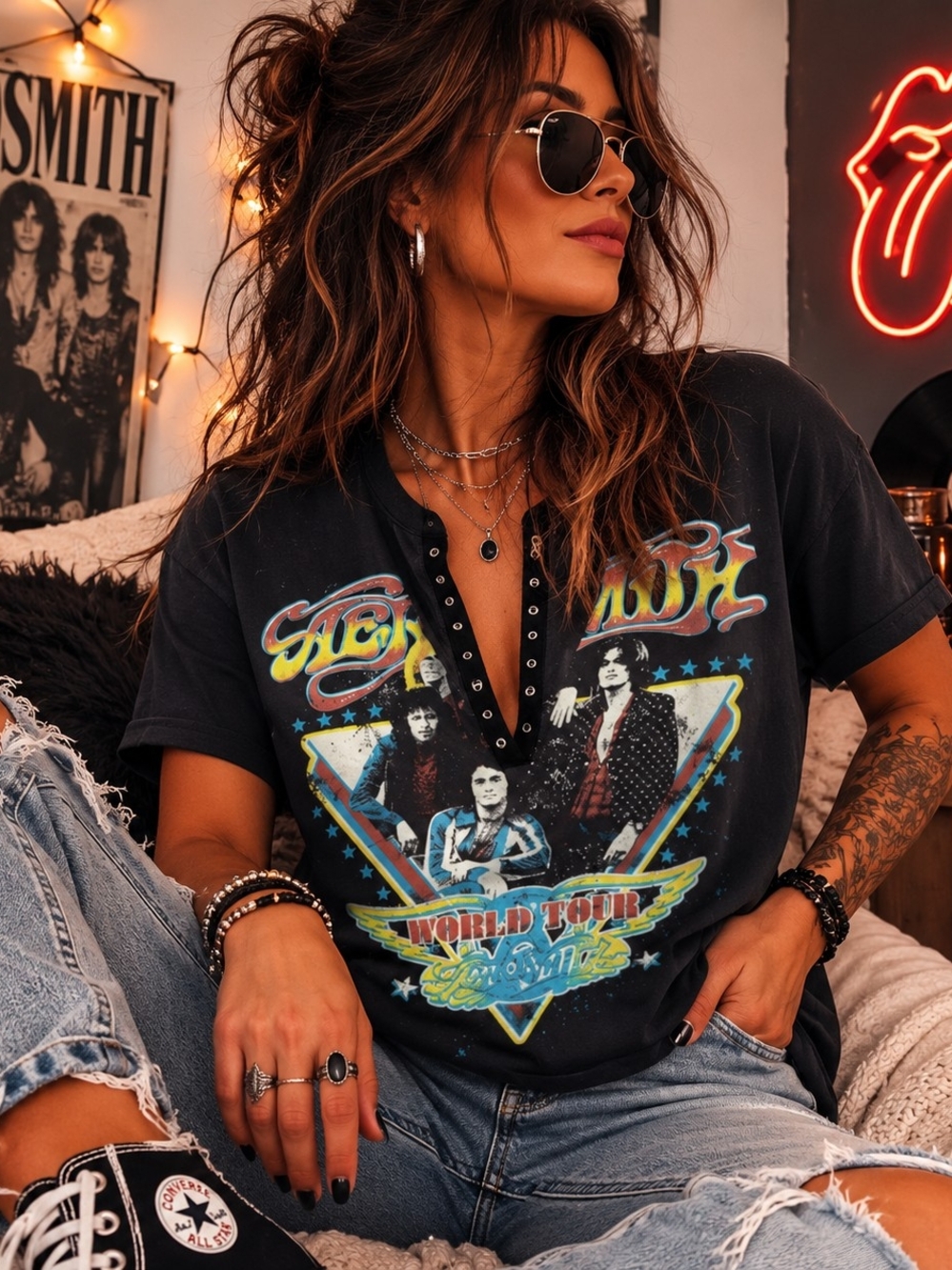 Vintage-Inspired Black Graphic Band Tee - Aerosmith